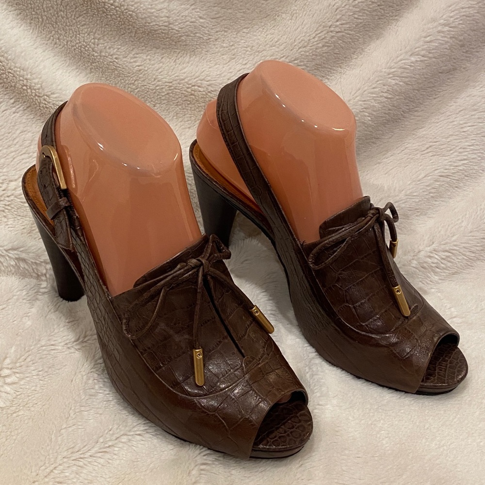 Antonio Melani Oxforde Brown Peep Toe Slingback Heels Pumps Sandals Size 8 VGC